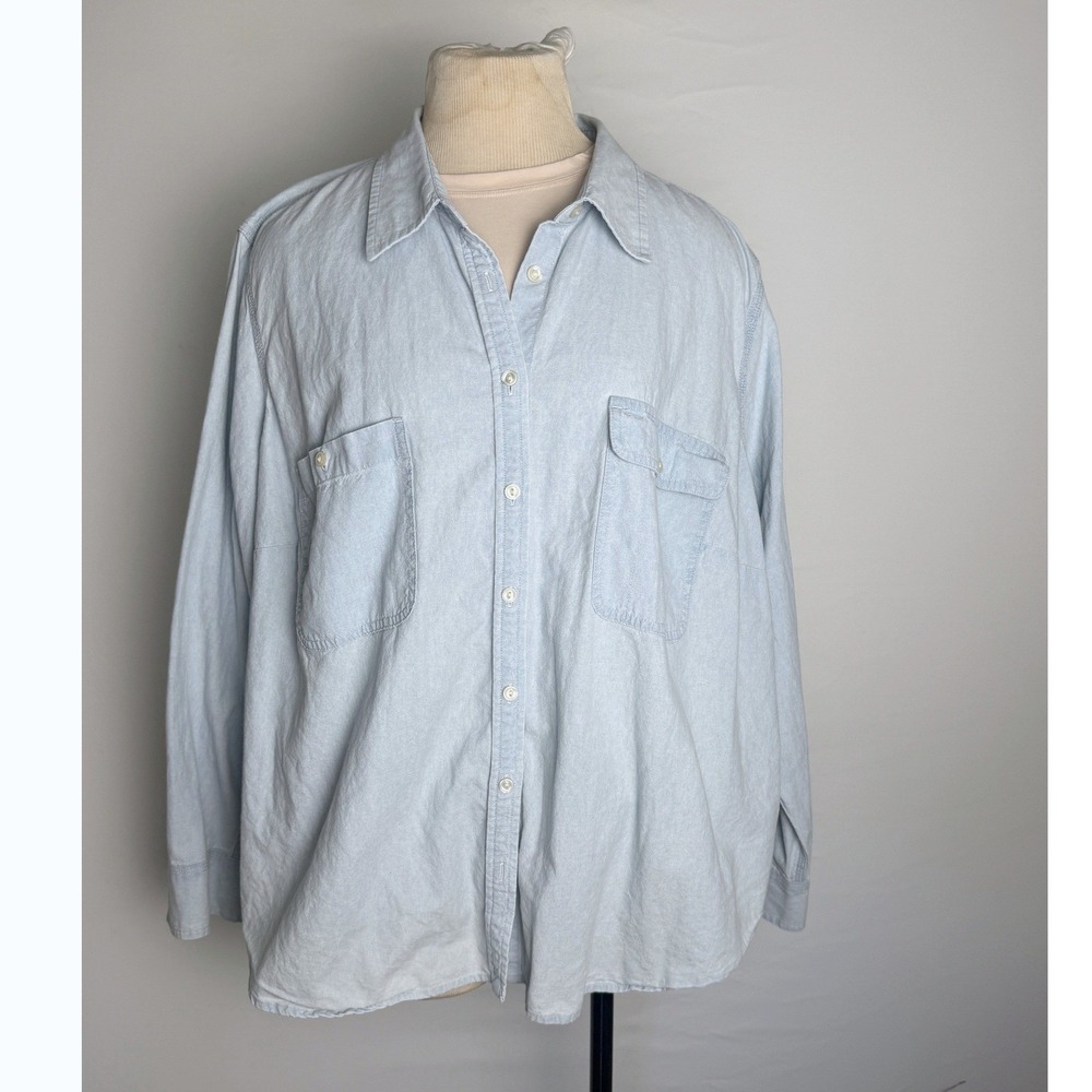 Lauren Ralph Lauren Womens 3X Light Wash Denim Chambray Button Down Shirt Pocket